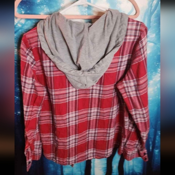 Y2k grunge red plaid zip up shirt with hoodie - Picture 2 of 3